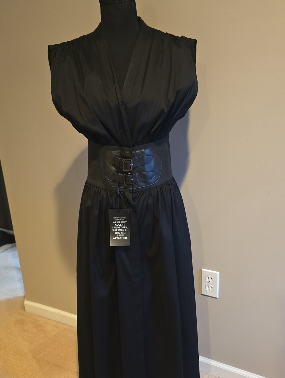 White House Black Market Black Sleeveless V-Neck Maxi with Wide Buckle Waist